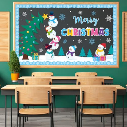 Winter Bulletin Board Decorations Merry Christmas Classroom Bulletin Board Set Snowman Tree Snowflakes Paper Cutouts for Winter Christmas Classroom Holiday School Office Home Wall Party Decor Supplies - style: Christmas Snowman