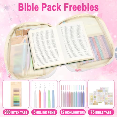 Zkptops Bible Cover Case for Women Girls Large Bible Bag Cotton Quilted Bible Carrying Case with Zipper Pocket and Handle Pink Bow Christian Carrying Book Cover for Christian Study Supplies Gift - color: Fr Pink Bow