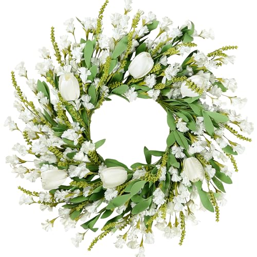 Sggvecsy Spring Summer Wreath for Front Door 22 Inch Artificial White Flower with White Tulips Greenery Leaves Lavender for All Seasons Home Farmhouse Indoor Outdoor Wall Decor - color: White