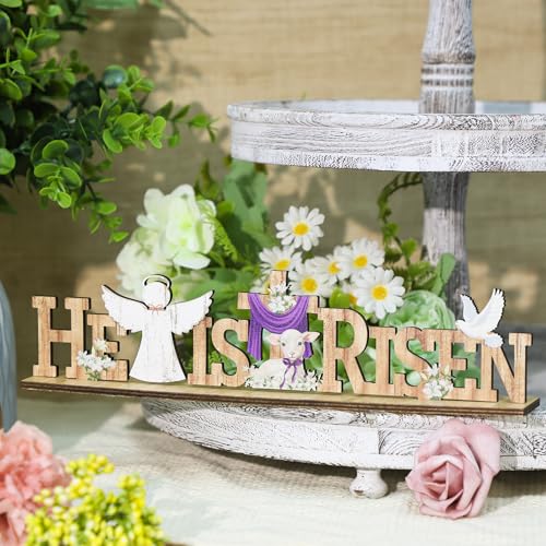 Easter Religious Decorations He Is Risen Decor Signs Easter Wooden Cross Table Sign for ustic Farmhouse Home Room Dining Birthday Spring