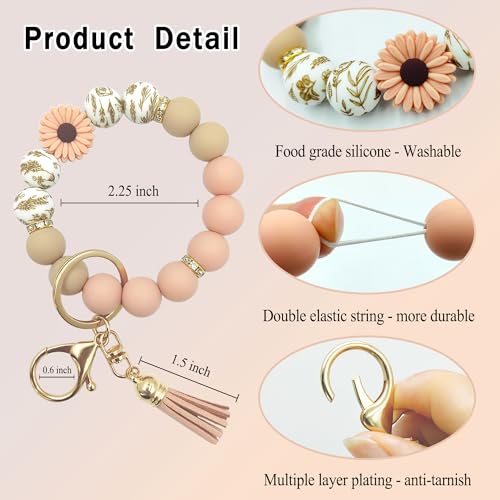 SHINYHARBOR Silicone Beaded Wristlet Keychain Bracelet,Key Wrist Keychains for Women Mom Teachers Best Friend - color: Daisy-beige