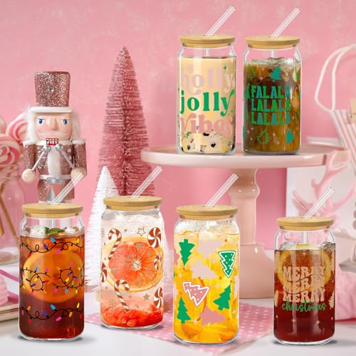 Glass Cups with Lids and Straws, 6Pack, 16oz, Christmas Candy - style: Gingerbread Tree