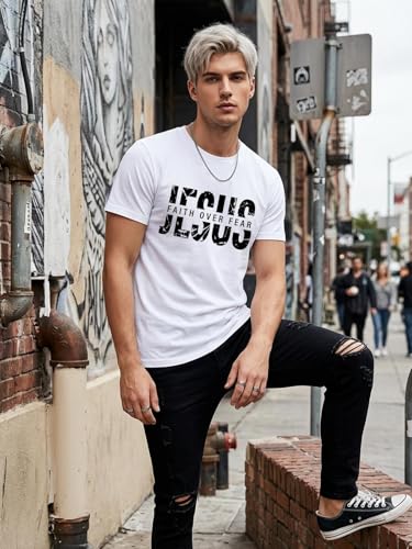 Christian Shirts Men Jesus Faith Over Fear Tshirt Inspirational Bible Tees - color: White-faith, size: Small