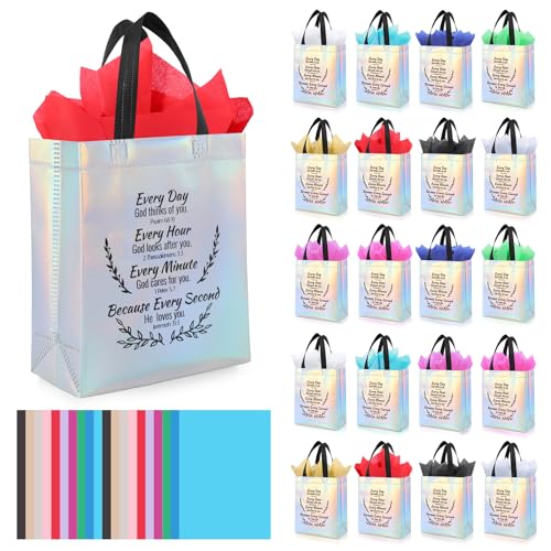 LUAVIARU 80 Pcs Bible Verse Christian Gift Bags Set – 40 Silver Reusable Gift Bag with Handles & 40 Tissue Paper, Religious Gift Bag for Church Events, Baptism, Easter, Communion, Congratulations - color: Silver, size: 40