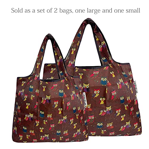 allydrew Large Foldable Tote Nylon Reusable Grocery Bags - color: Set of 2, Owls Brown, size: Large & Small (Set of 2)