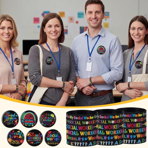Kenning 100 Pcs Social Work Month Appreciation Gifts Set Includes 50 Social Work Rubber Bracelets Silicone Wristbands and 50 Button Pins Badges for Worker Volunteer Coworker Appreciation