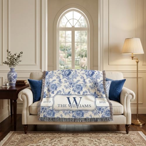 Chillever Personalized Monogram Woven Blanket with Last Name, Custom Floral Throw Blankets for Couch Bed, Cotton Anniversary Wedding Gift for Couple, New Home Housewarming Presents 2 - color: A5