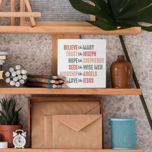 Christian Wooden Sign, Believe Like Mary Christmas Inspirational Wooden Box Sign, Retro Christmas Decor for Home Office Desk Table Tabletop Shelf, 5x5 Inch - color: Christmas