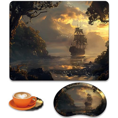 Mouse Pad 9.4"x7.9" + Wrist Support Pad + Embroidered Cup Pad Non-Slip Set, Ergonomic Mouse Wrist Support Pad, Suitable for Office/Gaming/Home Use, Pirate Ship - color: Pirate Ship