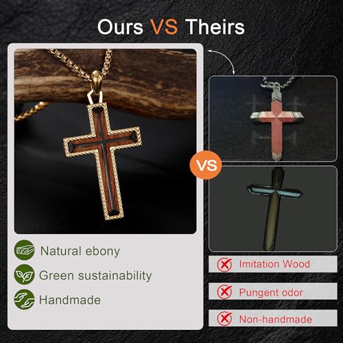 Wooden Cross Necklace for Men With Stainless steel And Black Ebony Adjustable Box Chain 24–26 inches Suitable for Everyday Wear And Christian Gifts for Men - color: Gold-A