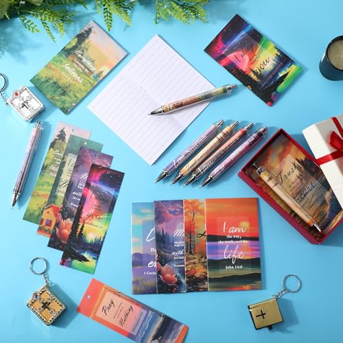 200 Pcs Christian Gift for Women Christian Accessories Include 50 Bible Verses Notebook 50 Church Bookmark 50 Ballpoint Pen Organza Bag Gift for Christmas Church Motivational (Scenery) - style: Scenery