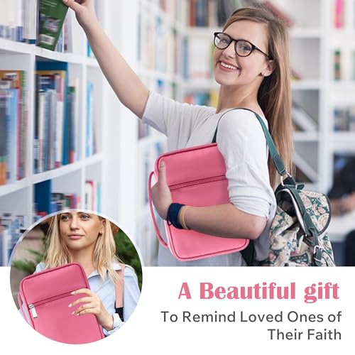 Small Bible Cover Case for Women and Men, 9x6 PU Leather Bible Sleeve, Compact Travel Bible Carrier Bag with Front Pen Holders, Zipper Closure, Inner Pockets - Hot Pink - color: Hot Pink, size: 9''x6.5''