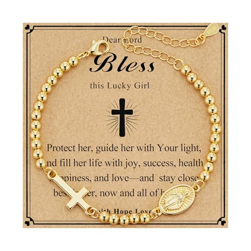 First Communion Gifts for Girls Virgin Mary Cross Bracelet Non Tarnish Baptism 1st Holy Communion Confirmation Gifts Christian Religious Catholic Jewelry - color: Bless,Gold