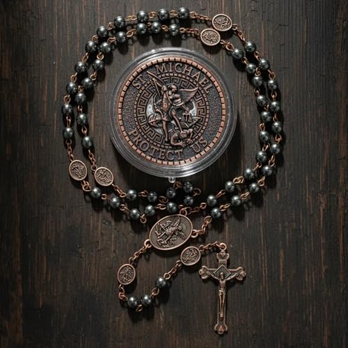 Nazareth Store St Michael Rosary Hematite Stone Beads Necklace Metal Beaded Glory Beads Archangel Medal & Cross with Metal Gift Box - color: Copper | Jesus Cross