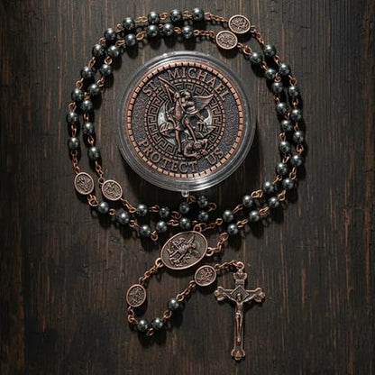 Nazareth Store St Michael Rosary Hematite Stone Beads Necklace Metal Beaded Glory Beads Archangel Medal & Cross with Metal Gift Box - color: Copper | Jesus Cross
