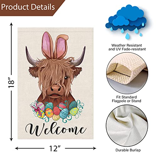 Louise Maelys Happy Easter Garden Flag 12x18 Double Sided Burlap, Small Vertical Highland Cow Welcome Yard for Spring Outdoor Outside Decoration