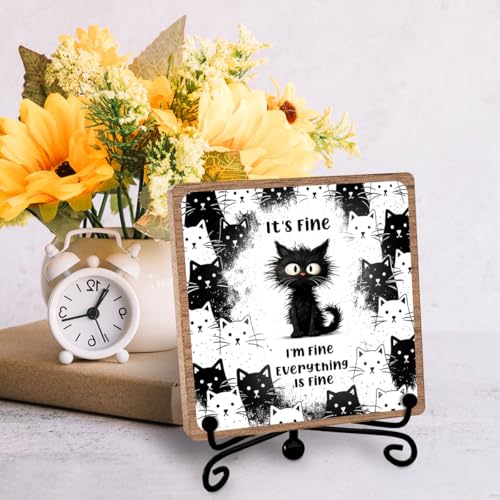 Cat Lover Gifts for Women Coworker, Funny Office Desk Decor, Wooden Plaque - style: Everything is fine