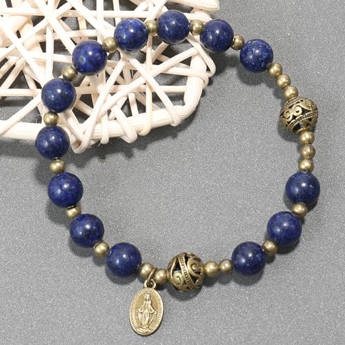 Nazareth Store Stone Beads Rosary Bracelet with Metal Separators and Catholic Medal - Durable and Elegant Wrist Jewelry - color: Lapis Lazuli