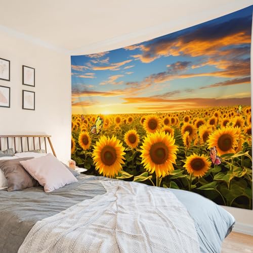 HVEST Sunflower Tapestry Wall Hanging Country Yellow Floral and Butterfly Tapestry for Bedroom, Sunset with Sunflower Field Nature Landscape Wall Art for Living Room Dorm Home Decor, 60W X 40H inches - color: Yellow, size: 40"L x 60"W