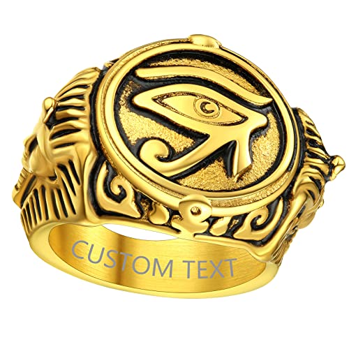 ChainsProMax Can Engrave Men Ancient Egyptian Eye of Ra Ankh Cross Ring, Size #7-#14, Stainless Steel/Gold Plated/Black (Send Gift Box) - color: Engrave-Eye of Ra-golden