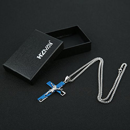 HZMAN Men's Stainless Steel Cross Crucifix Bible Prayer Pendant Necklace - color: Blue