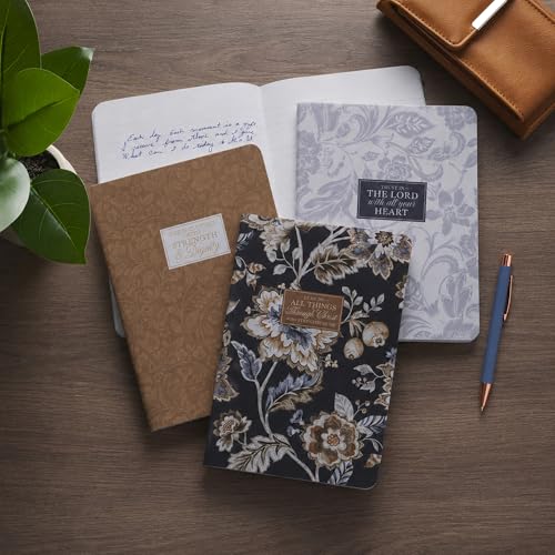 Christian Art Gifts Notebook Set: All Things - Phil 4:13, Set/3 Large, Christian Gifts for Women, Slim Notebooks, Cardstock, Bible Verses, Flexible Cover, Lined Paper, 64 Pages Each, Floral