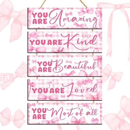 Pink Bows Wall Art Wooden Inspirational Girls Bedroom Signs Aesthetic Decor - color: Pink You Are Quotes
