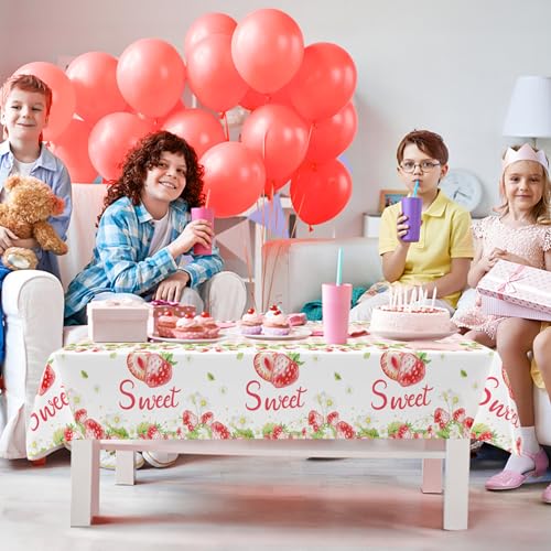 3Pcs Strawberry Plastic Tablecloth, Disposable Berry Sweet One Table Cover - color: Strawberry