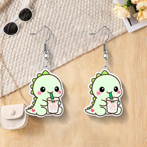 Christian Statement Earrings for Women, Acrylic Dangle Earrings, Lightweight Comfortable, Non Tarnish Hooks, Faith Jewelry, Religious Gift for Women - color: Dino With Iced Coffee