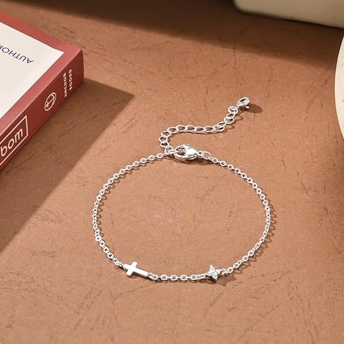 Moodear Cross Bracelet for Women, Dainty Sterling Silver/Gold Plated Gift - color: Silver CZ Flower Cross Bracelet