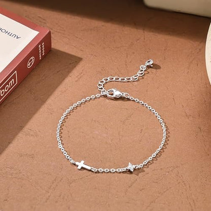 Moodear Cross Bracelet for Women, Dainty Sterling Silver/Gold Plated Gift - color: Silver CZ Flower Cross Bracelet