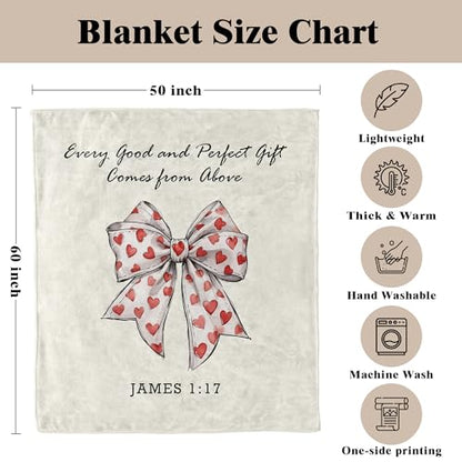 Coquette Christian Valentine's Day Heart Bow Blanket, Christian Gifts for Women Men, Neutral Religious Bible Verse Bow Throw Blankets for Home Bedroom Living Room Couch Sofa, 50x60 Inches - color: Heart Bow