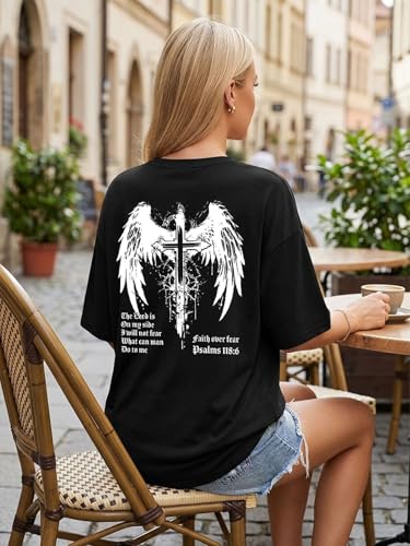 Christian Oversize Shirt for Women Jesus Faith Bible Verse Graphic Tee Tops - color: Blackw, size: Small