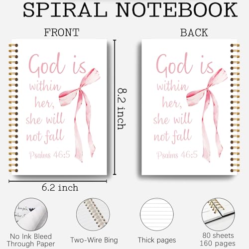 Coquette Pink Bow Christian Notebooks foe Women, God is Within Her She Will Not Fall Bible Journaling Notebook, Church Notes Journal, Prayer Journal, Hardcover Spiral Notebook 5.5x8.3 Inch - color: Section 5