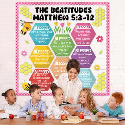 Christian Bulletin Board Decoration The Beatitudes Matthew 5:3-12 Classroom Decoration Motivational Bible Verse Paper Cutouts for Fall Sunday School Church Parish Decor（Sunshine） - style: Sunshine