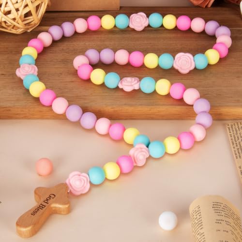 Baby Rosary with Cross, Baptism Gift Baby Rosary for Boy Girl Kids, My First Rosary Catholic Religious Gifts Christian First Holy Communion Party Decorations, Pink Green - color: Pink Green