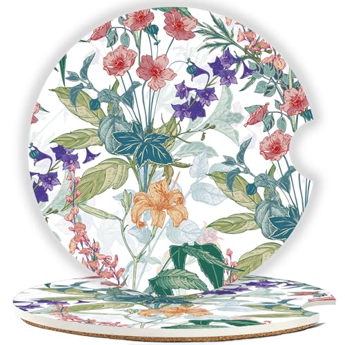 Ceramic Car Cup Holder Coasters Set of 2, 2.56 in Trumpet Flower - color: Colorful Trumpet Flowers