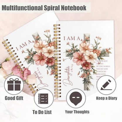 Floral Cross Christian Spiral Notebook Journal 5.5x8.3in, I Am a Daughter of the King Bible Scripture Hardcover Journal Notebook for Church Study Work Office - color: I Am a Daughter of the King