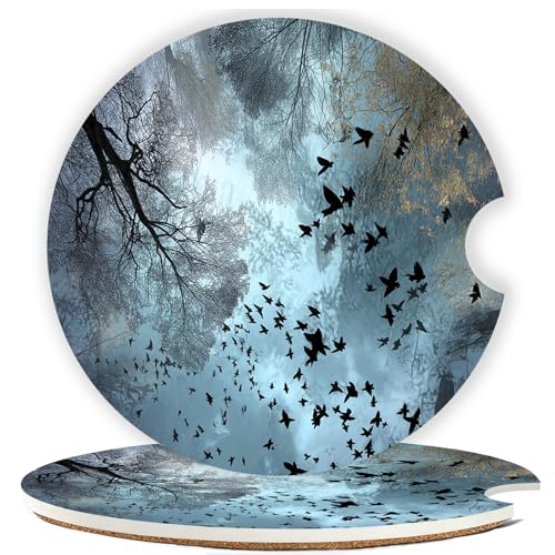 Ceramic Car Cup Holder Coasters Set of 2, 2.56 in Forest Bird - color: Blue Forest Bird