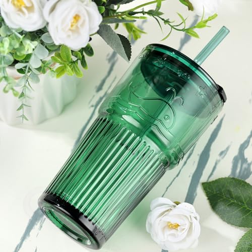 Joeyan Green Glass Tumbler with Lid and Straw,Embossed Iced Coffee Cups with Whale Pattern,Colored Striped Drinking Jars,Water Juice Beverages Soda Glasses,18.5 oz,Set of 2,Dishwasher Safe - color: Green-3