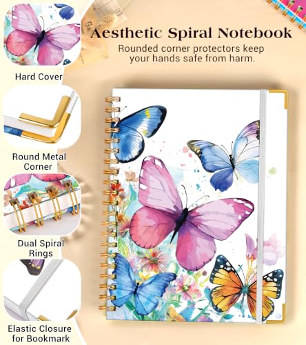 Lined Spiral Notebook Journal for Women, 150 Pages Cute Notebooks 5.75” x 8.38”, A5 Hardcover Spiral Journals with 100 GSM Thick Paper, College Ruled Notebook for Writing Work School, Butterflies in the Blooms - color: Butterflies in the Blooms