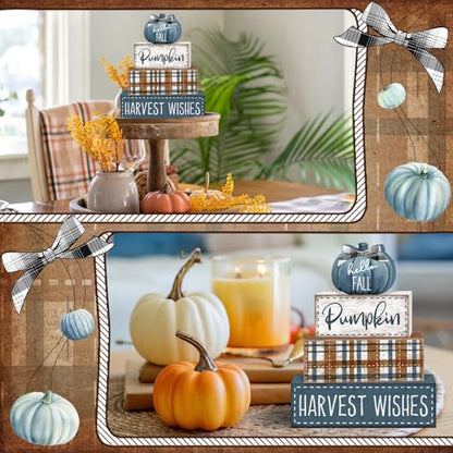 Britimes Fall Farmhouse Tiered Tray Decor Set, 4 Pack, Wooden - color: Blue Pumpkin