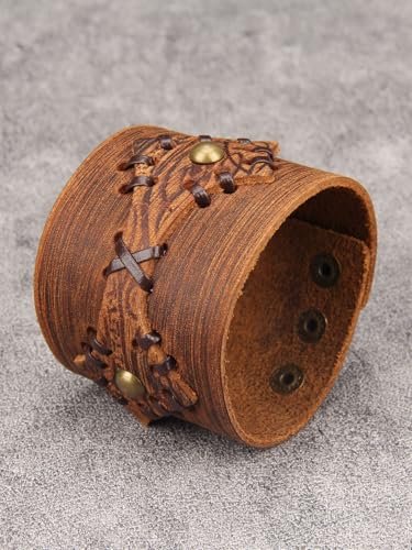 GelConnie Punk Leather Cuff Bracelet Adjustable Straps Wrap Bracelets Arm Armor Cuff Gothic Leather Wristbands for Men, Women - color: MLPB104-Brown