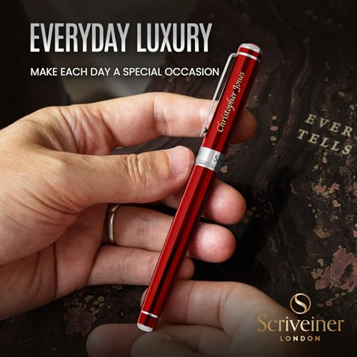 Scriveiner Personalized Deep Crimson Red Rollerball Pen - Stunning Red Lacquer Luxury Pen with Chrome Finish, Schmidt Ink Refill, Engraved Roller Ball Gift Set for Men & Women, Custom Name Engraving - color: Crimson Red with Chrome (Personalized)