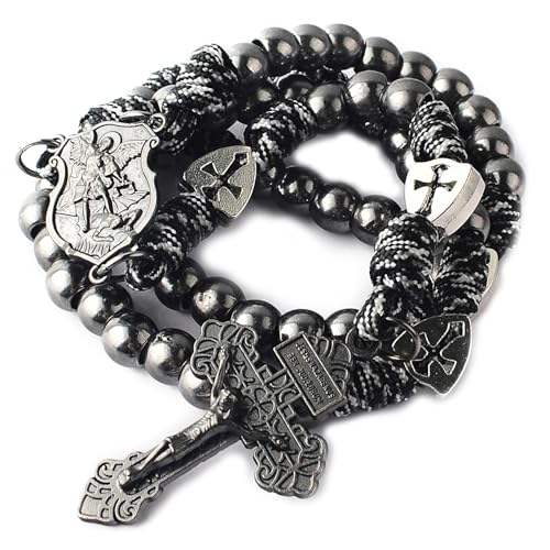 HanlinCC Catholic Rosary Paracord Large Metal Beads St.Michael Medal Men - style: Gun Black St.Michael Paracord Rosary