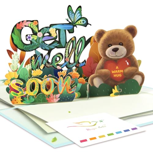 Magic Ants 3D Get Well Soon Pop-Up Card with BrownBear, Cheerful Flowers, and Butterflies | Uplifting Recovery Greeting Card for Kids, Adults, and Seniors | Personalised Note & Envelope Included - color: Flowers Butterflies