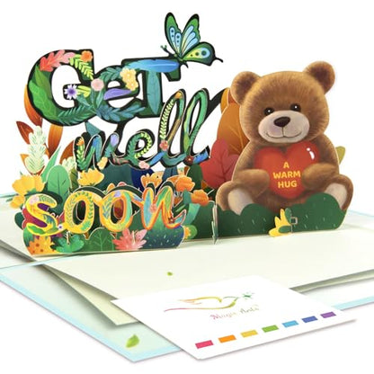 Magic Ants 3D Get Well Soon Pop-Up Card with BrownBear, Cheerful Flowers, and Butterflies | Uplifting Recovery Greeting Card for Kids, Adults, and Seniors | Personalised Note & Envelope Included - color: Flowers Butterflies