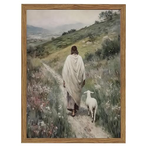 Christian Wall Art, Jesus the Good Shepherd Canvas Painting, Lamb Biblical Scene, 3D Textured Sandstone Style Wood Framed Artwork for Living Room Prayer Room Bedroom 36x24 Ready to Hang - color: Jesus and Lamb, size: 36"L x 24"W