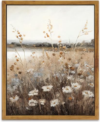 KBKBART Vintage Wall Art Framed, Retro Countryside Autumn Wildflower Field Landscape Canvas Painting Farmhouse Decor Wall Art, Rustic Fall Landscape Bathroom Wall Decor for Bedroom Living Room, - color: Country Field, size: 16"L x 12"W