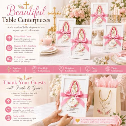 12 Pcs Virgen de Guadalupe First Communion Favors for Guests, Pink Our Lady of Guadalupe Wooden Picture Frames with Satin Bows, Catholic Recuerdos de Primera Comunión, 5.79 x 7.87 in